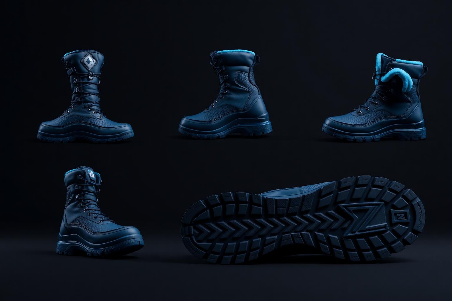 Z-Snow North Boot — Men — Unisex · Z-Snow Winter Footwear seven-view specification plate; showing 01 Front, 02 Left, 03 Right, 04 Back, 05 Interior, 06 Inner tags, 07 Fabric detail. — 01 Front, North Navy Blue