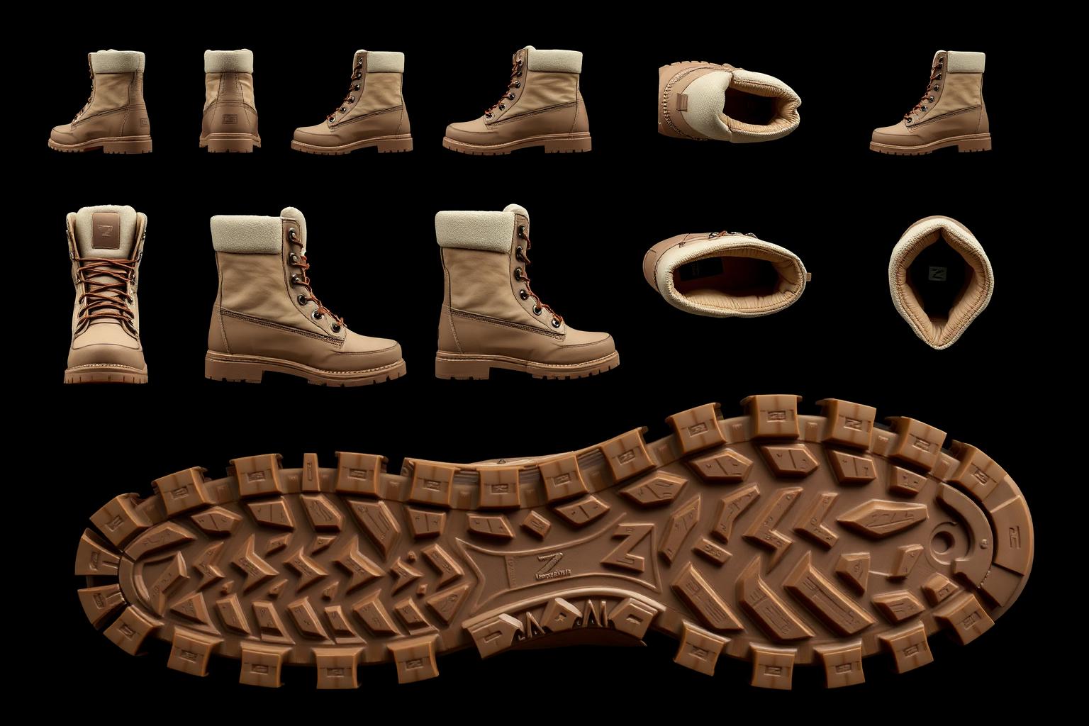 Z-Snow Sand Boot — Men — Unisex · Z-Snow Winter Footwear seven-view specification plate; showing 01 Front, 02 Left, 03 Right, 04 Back, 05 Interior, 06 Inner tags, 07 Fabric detail. — 01 Front, Sand Beige Desert