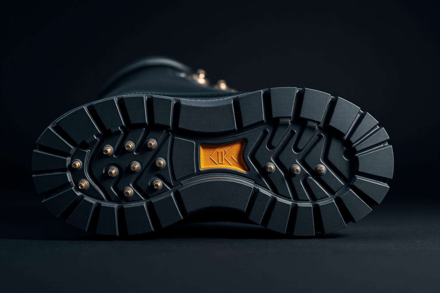 Close view of the Z-Snow outsole: recessed metal micro-studs set flush in tire-inspired rubber tread with directional channels and micro-sipes