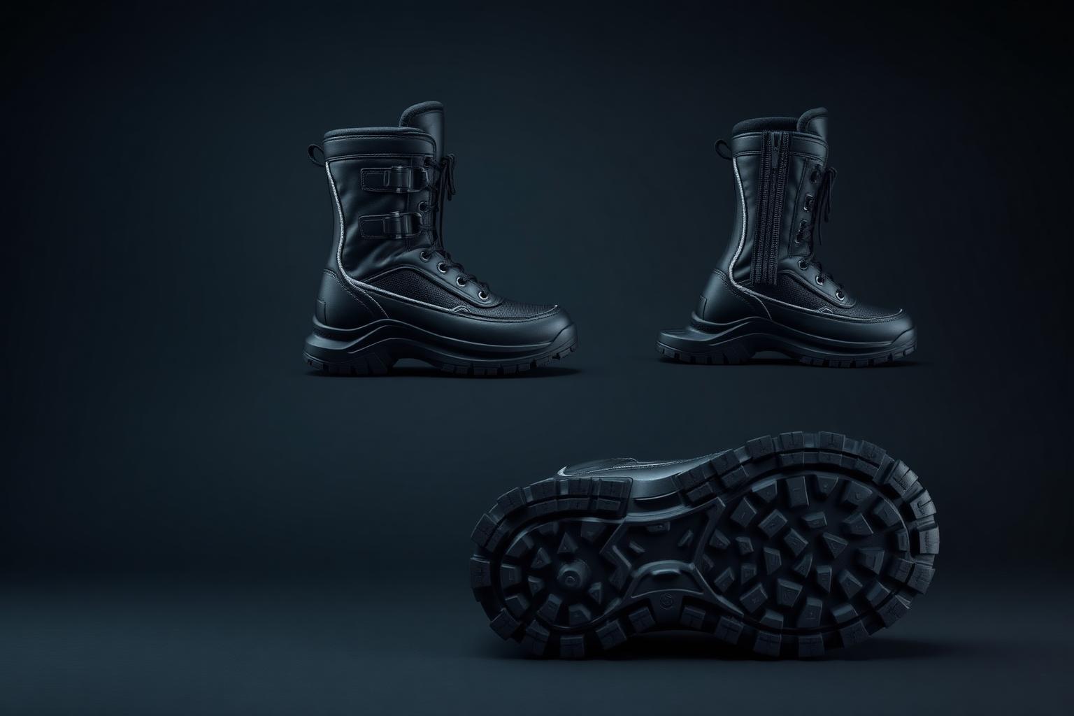 Z-Snow Stealth Boot — Men — Unisex · Z-Snow Winter Footwear seven-view specification plate; showing 01 Front, 02 Left, 03 Right, 04 Back, 05 Interior, 06 Inner tags, 07 Fabric detail. — 01 Front, Stealth Black Reflective