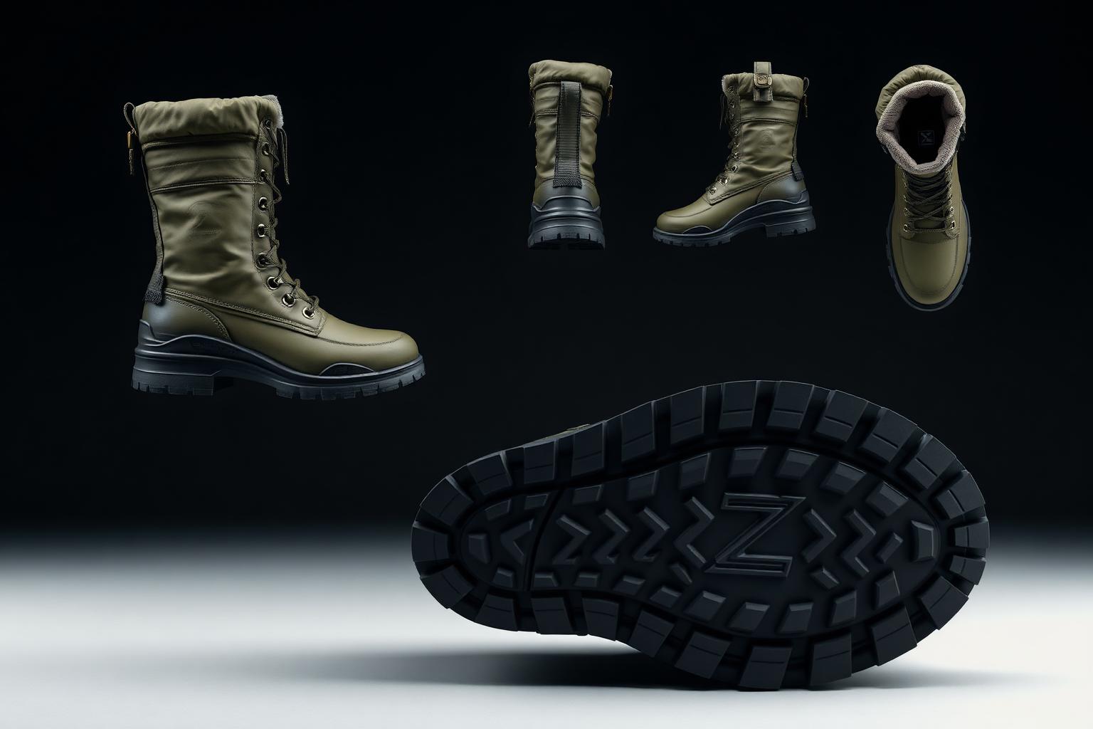 Z-Snow Warrior Boot — Men — Unisex · Z-Snow Winter Footwear seven-view specification plate; showing 01 Front, 02 Left, 03 Right, 04 Back, 05 Interior, 06 Inner tags, 07 Fabric detail. — 01 Front, Warrior Olive & Gold