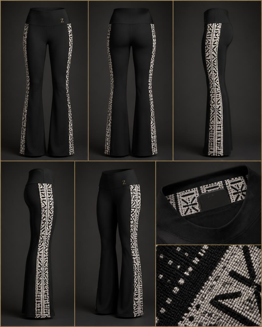 Zenith Motion Flare — Women — House · Global Heritage Fusion seven-view specification plate; showing 01 Front, 02 Left, 03 Right, 04 Back, 05 Interior, 06 Inner tags, 07 Fabric detail. — 01 Front, Noir / White Bogolan