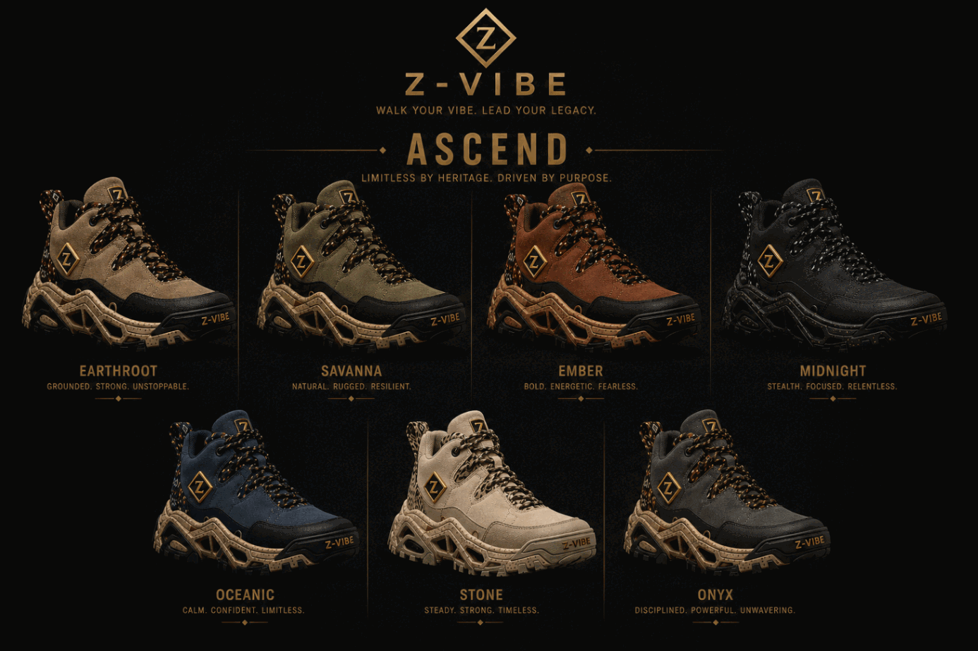 Ascend™ — The Seven Colourways — Men · Footwear seven-view specification plate; showing 01 Front, 02 Left, 03 Right, 04 Back, 05 Interior, 06 Inner tags, 07 Fabric detail. — 01 Front, Earthroot