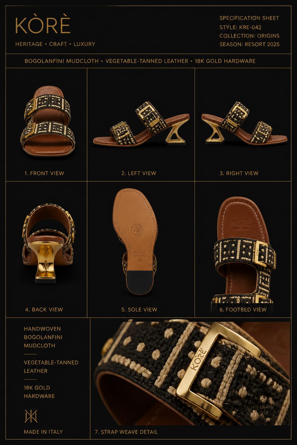 Sandales Bogolan mudcloth™ — Origines — Royalty · Footwear · Sandales seven-view specification plate; showing 01 Front, 02 Left, 03 Right, 04 Back, 05 Sole, 06 Footbed, 07 Strap weave detail. — 01 Front, Bogolan mudcloth Noir / Tan