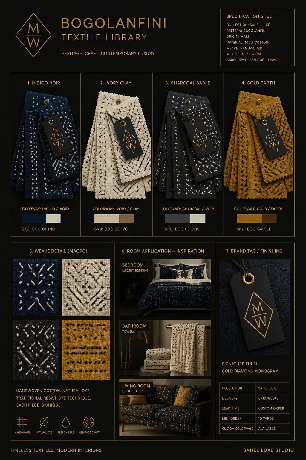 Maison Bogolan mudcloth™ — Swatch Library — Royalty · Maison · Textiles seven-view specification plate; showing 01 Indigo Noir, 02 Ivory Clay, 03 Charcoal Sable, 04 Gold Earth, 05 Weave macro, 06 Room applications, 07 House tag. — 01 Indigo Noir, Indigo Noir