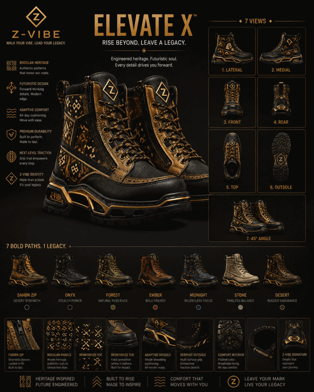 Elevate X™ Adaptive Boot — Men · Footwear seven-view specification plate; showing 01 Front, 02 Left, 03 Right, 04 Back, 05 Interior, 06 Inner tags, 07 Fabric detail. — 01 Front, Sable