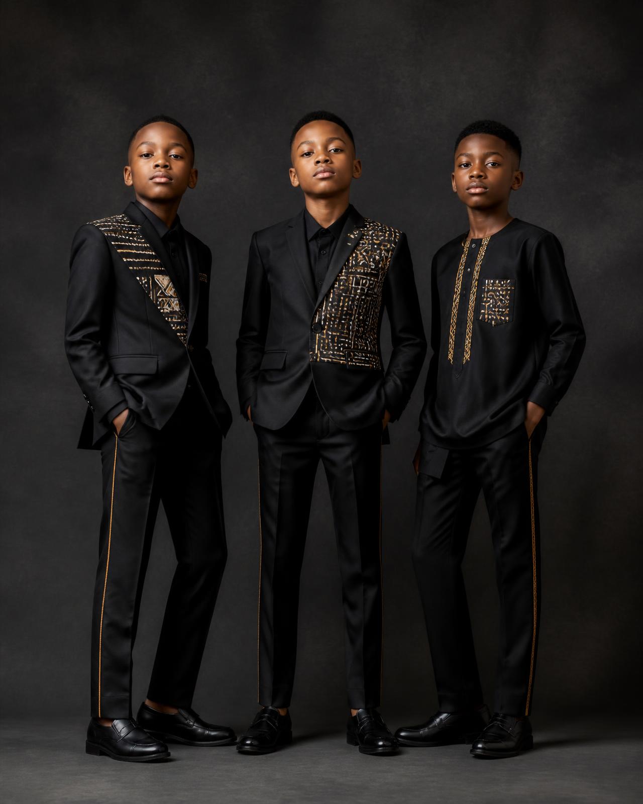 Cadet Sash Suit — Boys — Z-Kids · Boys Parade seven-view specification plate; showing 01 Front, 02 Left, 03 Right, 04 Back, 05 Interior, 06 Inner tags, 07 Fabric detail. — 01 Front, Obsidian / Clay