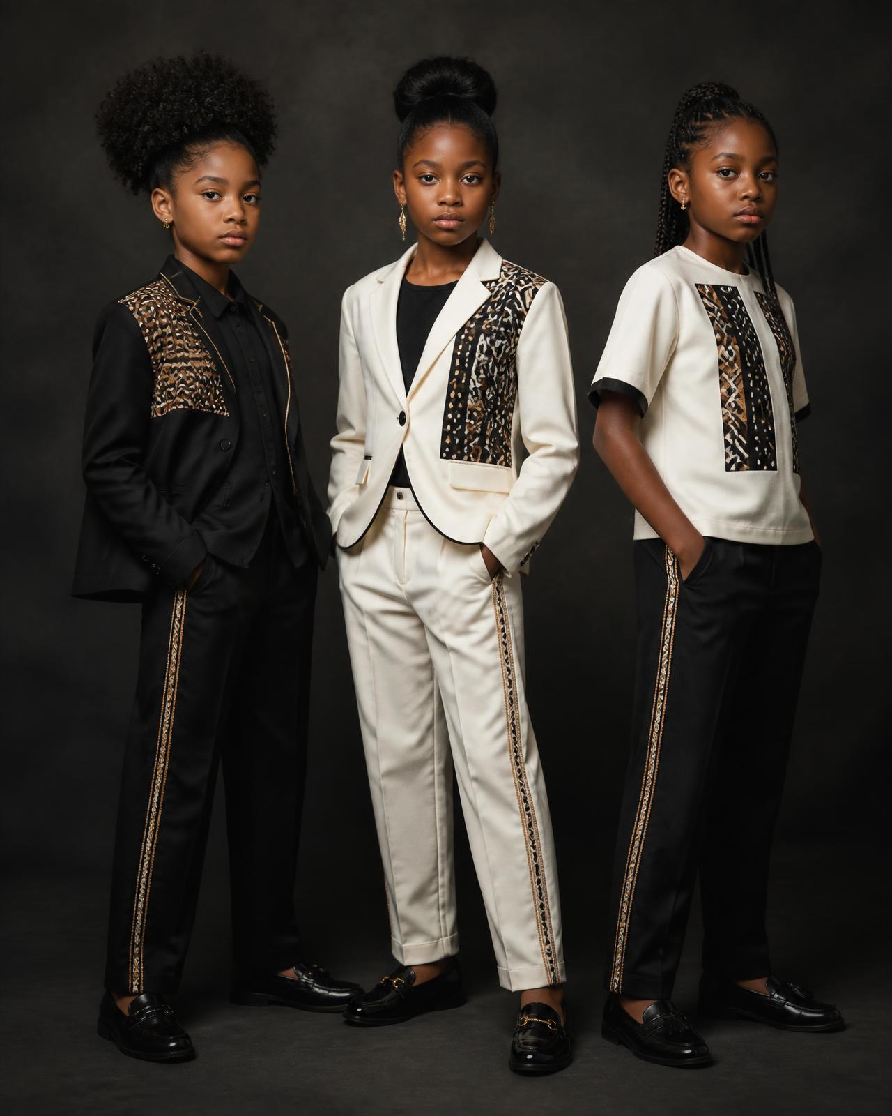 Petite Sash Suit — Girls — Z-Kids · Girls Parade seven-view specification plate; showing 01 Front, 02 Left, 03 Right, 04 Back, 05 Interior, 06 Inner tags, 07 Fabric detail. — 01 Front, Obsidian / Clay