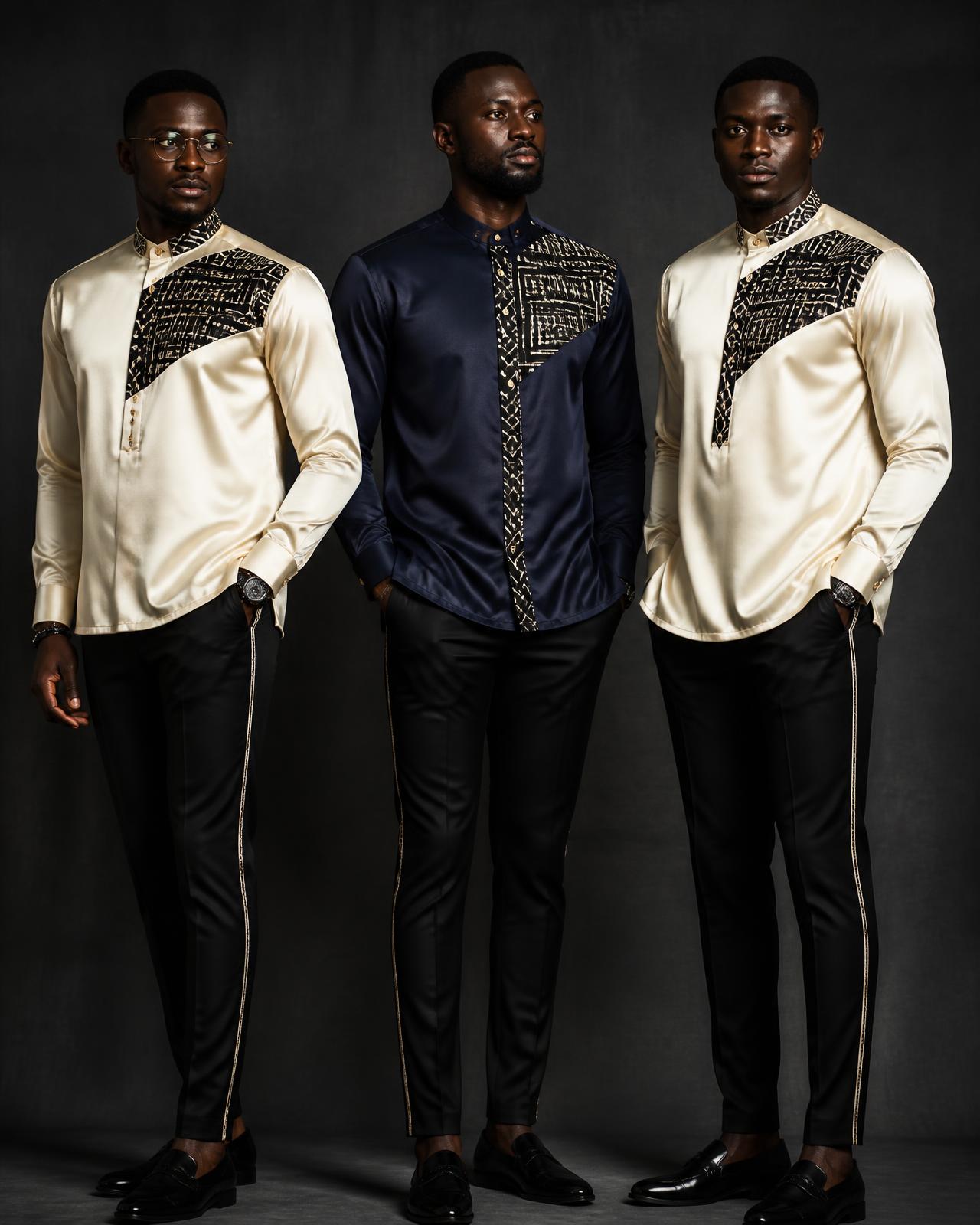 Placket Line Shirt — Men — Men · Heritage Shirting seven-view specification plate; showing 01 Front, 02 Left, 03 Right, 04 Back, 05 Interior, 06 Inner tags, 07 Fabric detail. — 01 Front, Ivory / Clay