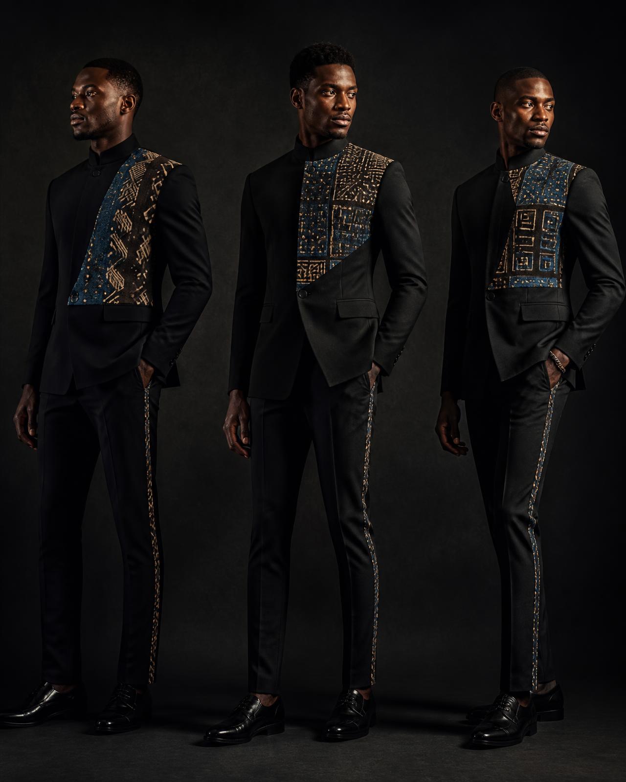 Arrival Sash Suit — Men — Men · Parade Tailoring seven-view specification plate; showing 01 Front, 02 Left, 03 Right, 04 Back, 05 Interior, 06 Inner tags, 07 Fabric detail. — 01 Front, Obsidian / Indigo Clay