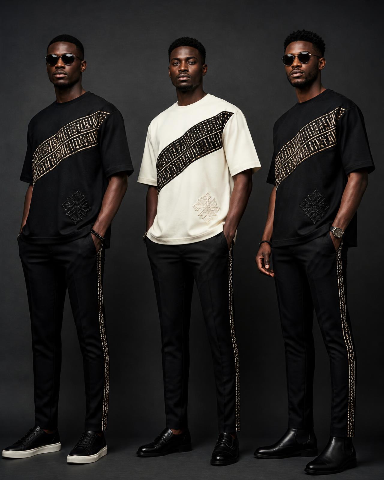 Sash Band Tee — Men — Men · Heritage Jersey seven-view specification plate; showing 01 Front, 02 Left, 03 Right, 04 Back, 05 Interior, 06 Inner tags, 07 Fabric detail. — 01 Front, Obsidian / Clay