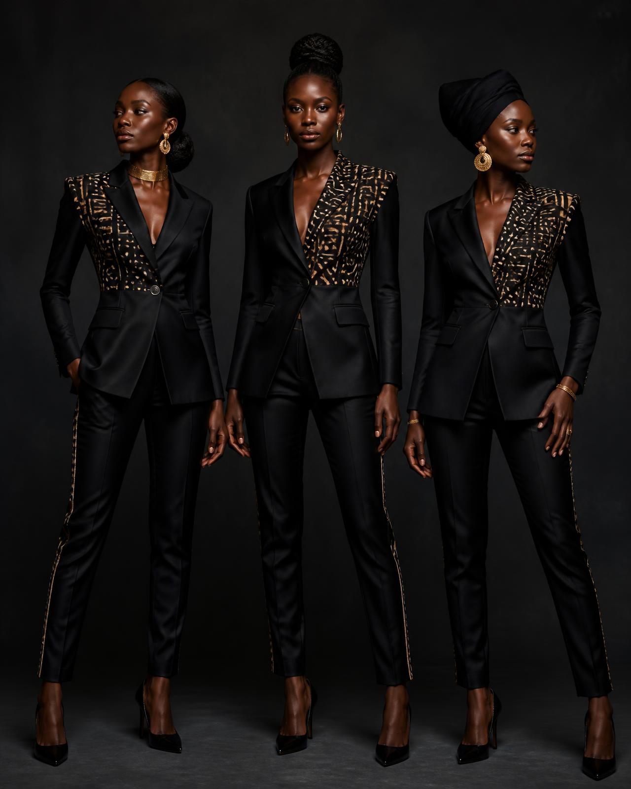 Première Sash Suit — Women — Women · Parade Tailoring seven-view specification plate; showing 01 Front, 02 Left, 03 Right, 04 Back, 05 Interior, 06 Inner tags, 07 Fabric detail. — 01 Front, Obsidian / Gold Clay