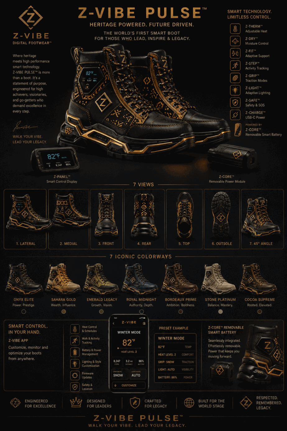 Z-Vibe Pulse™ Smart Boot — Men · Footwear seven-view specification plate; showing 01 Front, 02 Left, 03 Right, 04 Back, 05 Interior, 06 Inner tags, 07 Fabric detail. — 01 Front, Obsidian