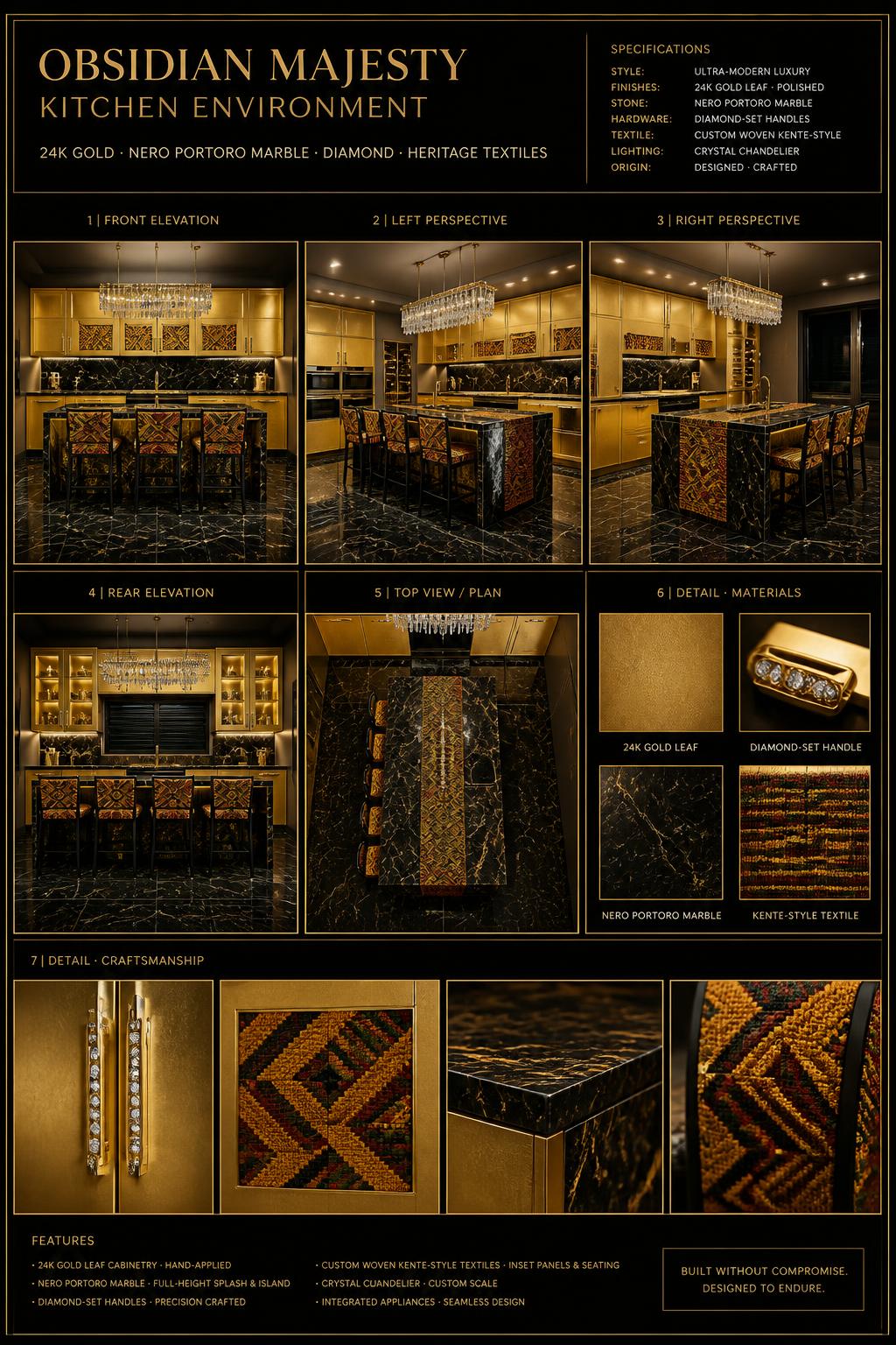 Cuisine Souveraine™ — Or & Diamant — Royalty · Maison · Kitchen seven-view specification plate; showing 01 Island front, 02 Left run, 03 Right run, 04 Range wall, 05 Interior fittings, 06 Diamond hardware, 07 Marble & gold detail. — 01 Island front, Bullion Gold / Nero Portoro
