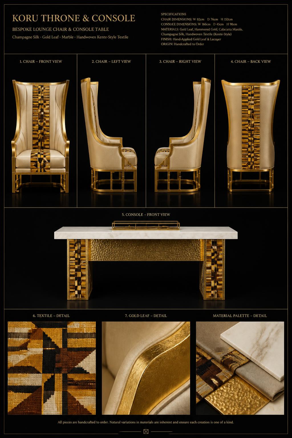 Mobilier Souverain™ — Throne Chair & Console — Royalty · Maison · Bespoke Furniture seven-view specification plate; showing 01 Chair front, 02 Chair left, 03 Chair right, 04 Chair back, 05 Console, 06 Bogolan mudcloth inlay, 07 Gold-leaf detail. — 01 Chair front, Champagne / Gold
